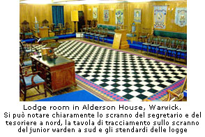 Lodge room in Alderson House, Warwick. Si può notare chiaramente lo scranno del segretario e del tesoriere a nord, la tavola di tracciamento sullo scranno del junior warden a sud e gli stendardi delle logge